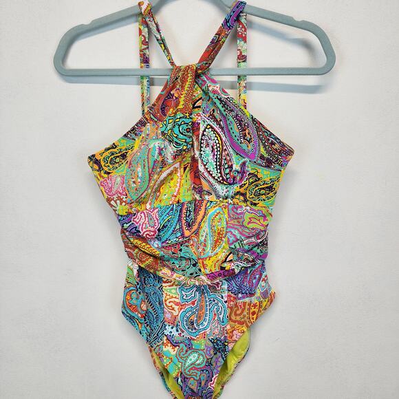 Bleu Rod Beattie Paisley One Piece Swimsuit Size 8 Halter Bohemian Psychedelic - Picture 2 of 14